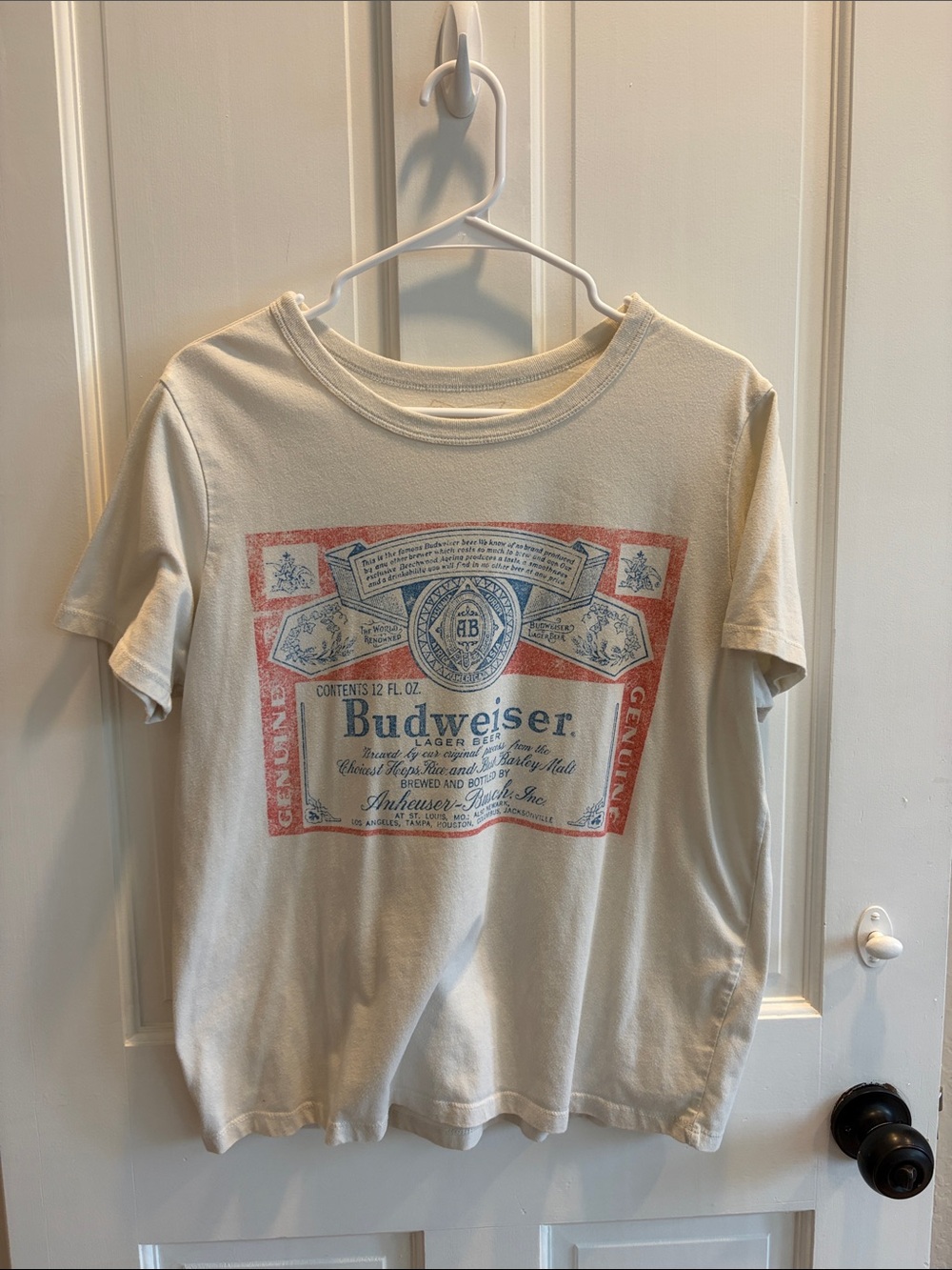 Budweiser Off-White Tee with Red & Blue Label Graphic